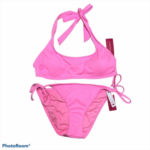 Xhilaration Pink Ribbed Bikini Swimsuit NWT barbie pink Barbiecore L 2pc - Picture 1 of 6